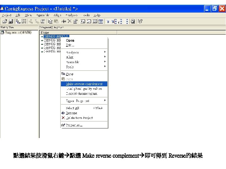點選結果按滑鼠右鍵 點選 Make reverse complement 即可得到 Reverse的結果 