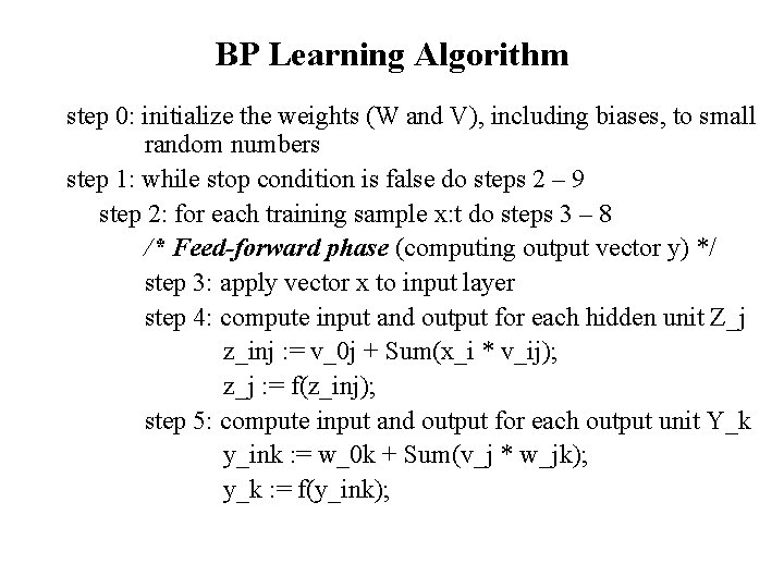 BP Learning Algorithm step 0: initialize the weights (W and V), including biases, to