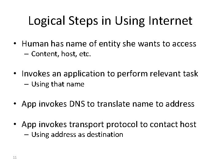 Logical Steps in Using Internet • Human has name of entity she wants to