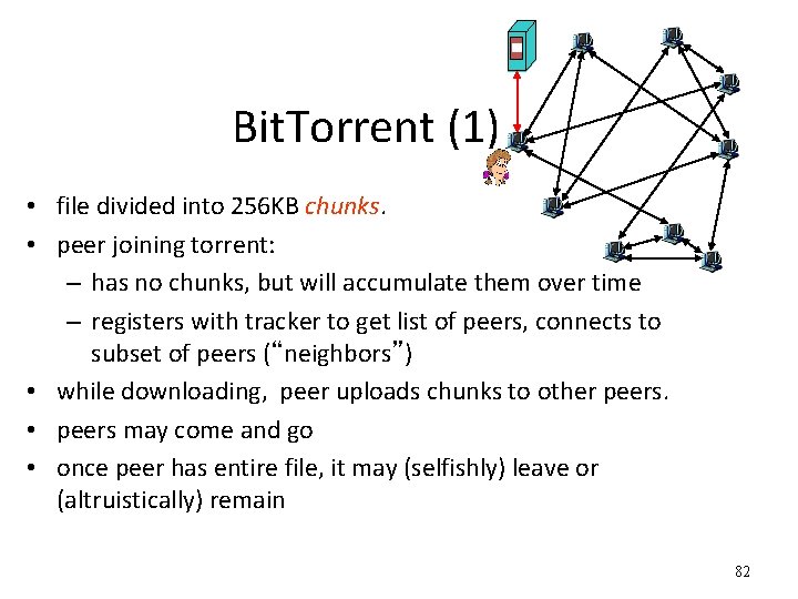 Bit. Torrent (1) • file divided into 256 KB chunks. • peer joining torrent: