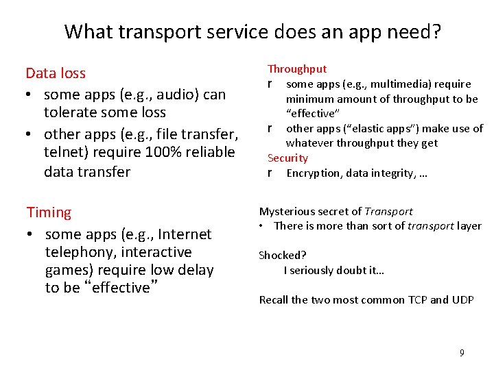 What transport service does an app need? Data loss • some apps (e. g.