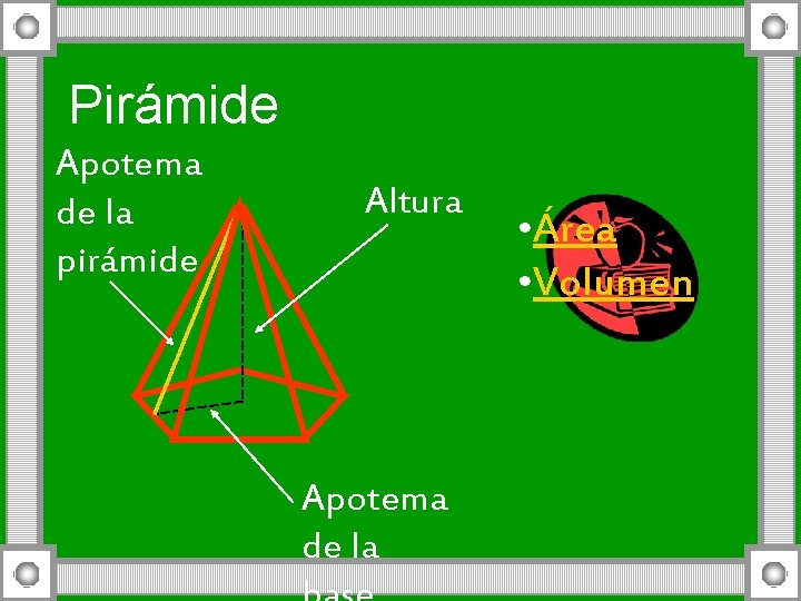 Pirámide Apotema de la pirámide Altura Apotema de la • Área • Volumen 