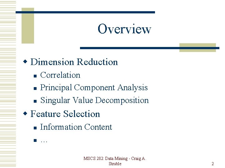 Overview w Dimension Reduction n Correlation Principal Component Analysis Singular Value Decomposition w Feature