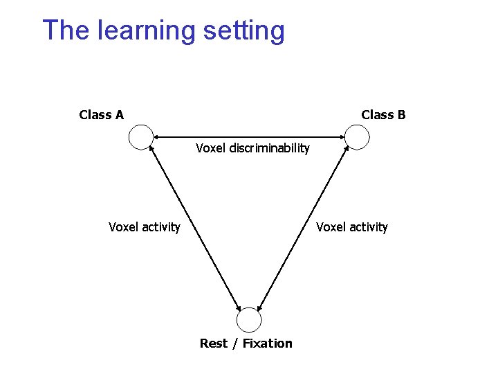 The learning setting Class A Class B Voxel discriminability Voxel activity Rest / Fixation