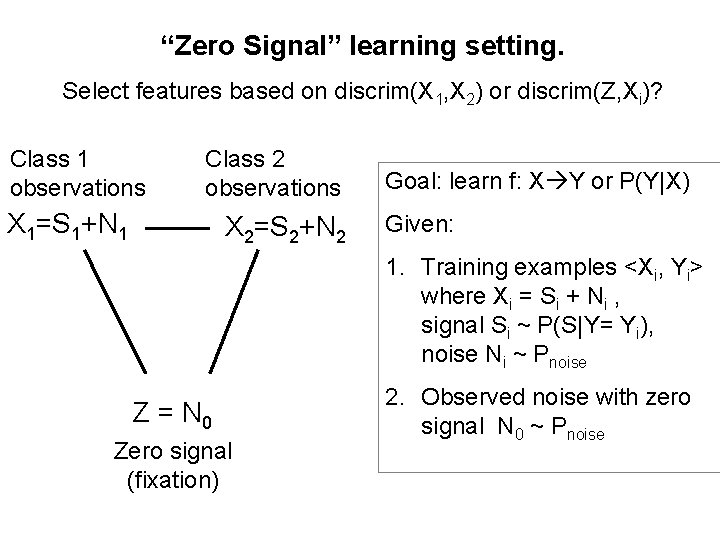 “Zero Signal” learning setting. Select features based on discrim(X 1, X 2) or discrim(Z,