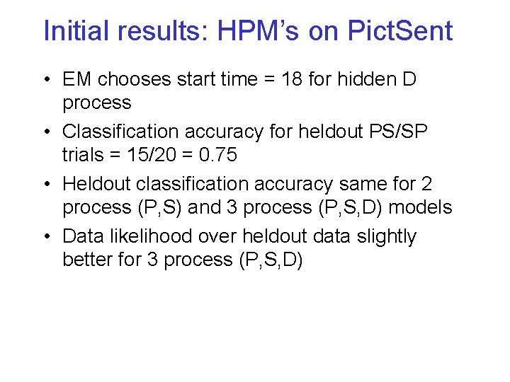 Initial results: HPM’s on Pict. Sent • EM chooses start time = 18 for