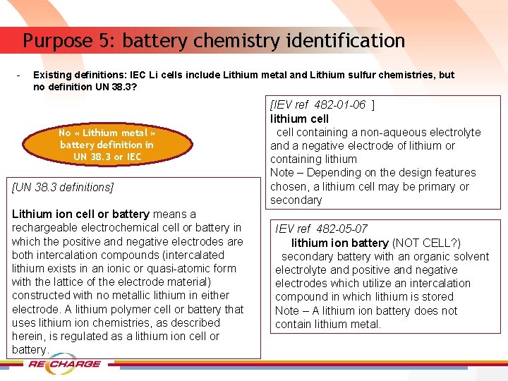 Purpose 5: battery chemistry identification - Existing definitions: IEC Li cells include Lithium metal