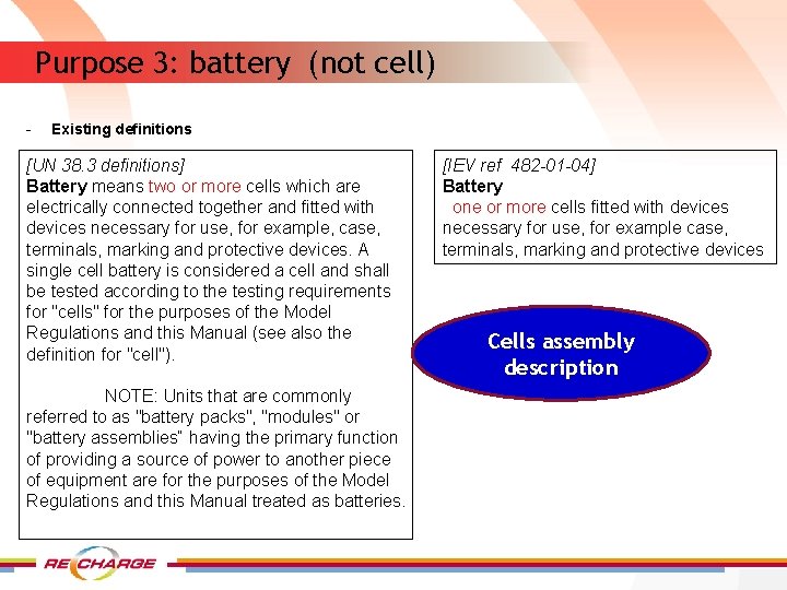 Purpose 3: battery (not cell) - Existing definitions [UN 38. 3 definitions] Battery means
