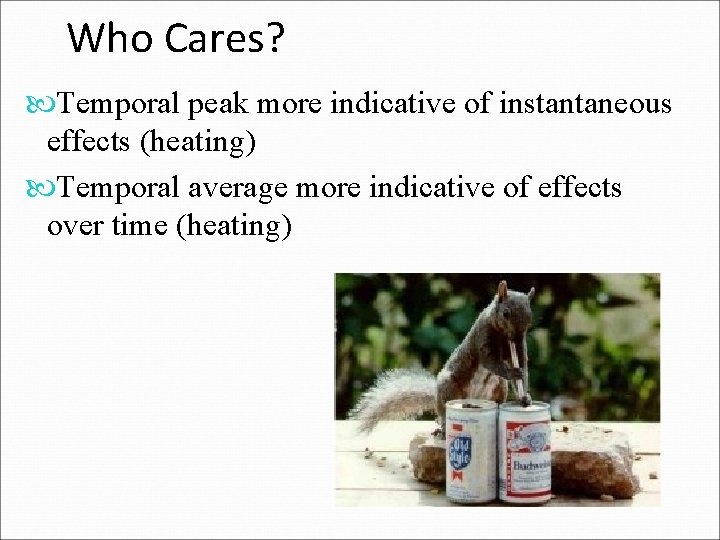 Who Cares? Temporal peak more indicative of instantaneous effects (heating) Temporal average more indicative Who Cares? Temporal peak more indicative of instantaneous effects (heating) Temporal average more indicative