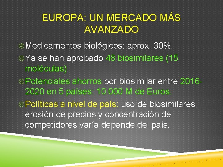 EUROPA: UN MERCADO MÁS AVANZADO Medicamentos biológicos: aprox. 30%. Ya se han aprobado 48 EUROPA: UN MERCADO MÁS AVANZADO Medicamentos biológicos: aprox. 30%. Ya se han aprobado 48