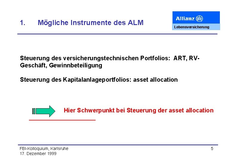 1. Mögliche Instrumente des ALM Lebensversicherung Steuerung des versicherungstechnischen Portfolios: ART, RVGeschäft, Gewinnbeteiligung Steuerung