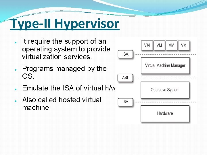 Type-II Hypervisor ● ● It require the support of an operating system to provide