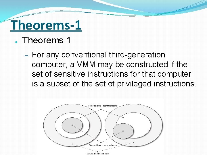 Theorems-1 ● Theorems 1 – For any conventional third-generation computer, a VMM may be