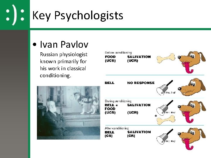 Key Psychologists • Ivan Pavlov Russian physiologist known primarily for his work in classical