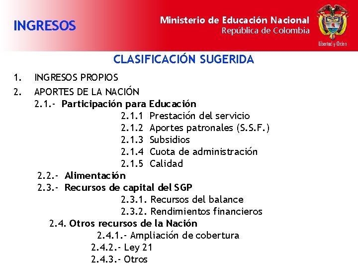 INGRESOS Ministerio de Educación Nacional República de Colombia CLASIFICACIÓN SUGERIDA 1. 2. INGRESOS PROPIOS