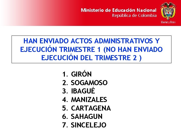 Ministerio de Educación Nacional República de Colombia HAN ENVIADO ACTOS ADMINISTRATIVOS Y EJECUCIÓN TRIMESTRE