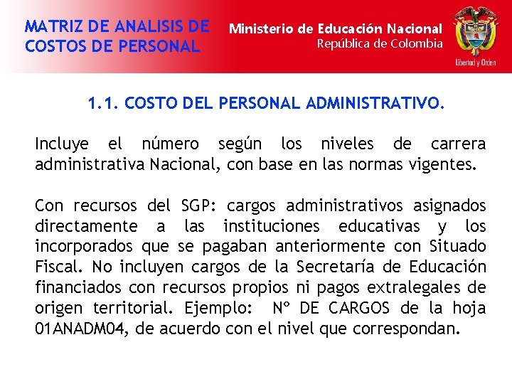 MATRIZ DE ANALISIS DE COSTOS DE PERSONAL Ministerio de Educación Nacional República de Colombia