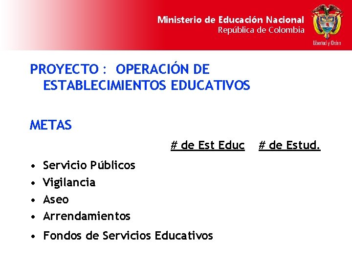 Ministerio de Educación Nacional República de Colombia PROYECTO : OPERACIÓN DE ESTABLECIMIENTOS EDUCATIVOS METAS