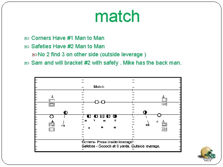 match Corners Have #1 Man to Man Safeties Have #2 Man to Man No