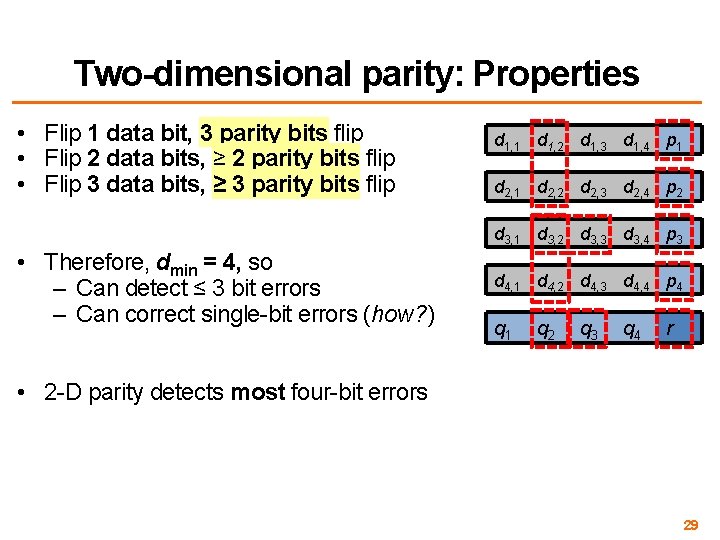 Two-dimensional parity: Properties • Flip 1 data bit, 3 parity bits flip • Flip