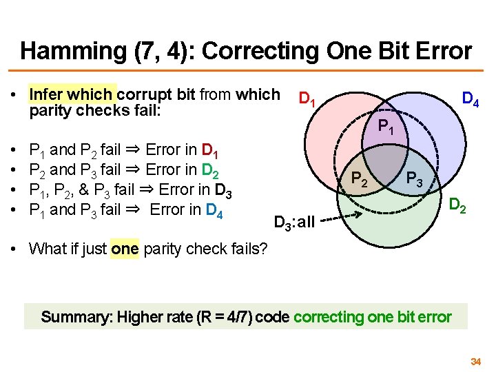 Hamming (7, 4): Correcting One Bit Error • Infer which corrupt bit from which