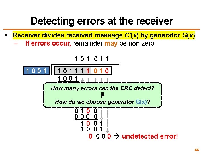 Detecting errors at the receiver • Receiver divides received message C′(x) by generator G(x)