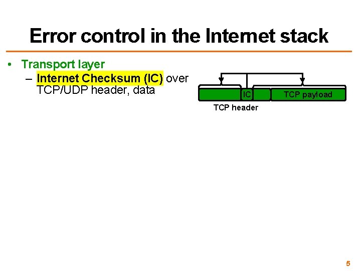 Error control in the Internet stack • Transport layer – Internet Checksum (IC) over