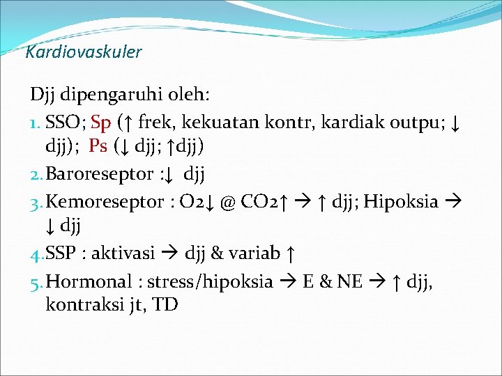 Kardiovaskuler Djj dipengaruhi oleh: 1. SSO; Sp (↑ frek, kekuatan kontr, kardiak outpu; ↓