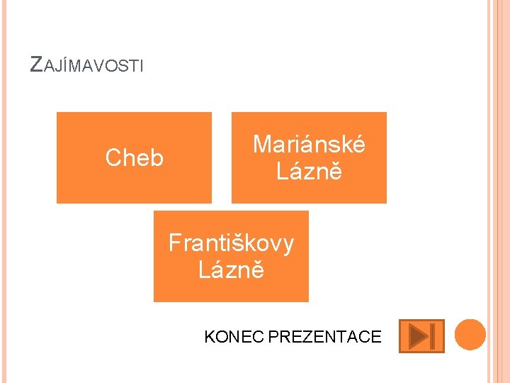 ZAJÍMAVOSTI Cheb Mariánské Lázně Františkovy Lázně KONEC PREZENTACE 