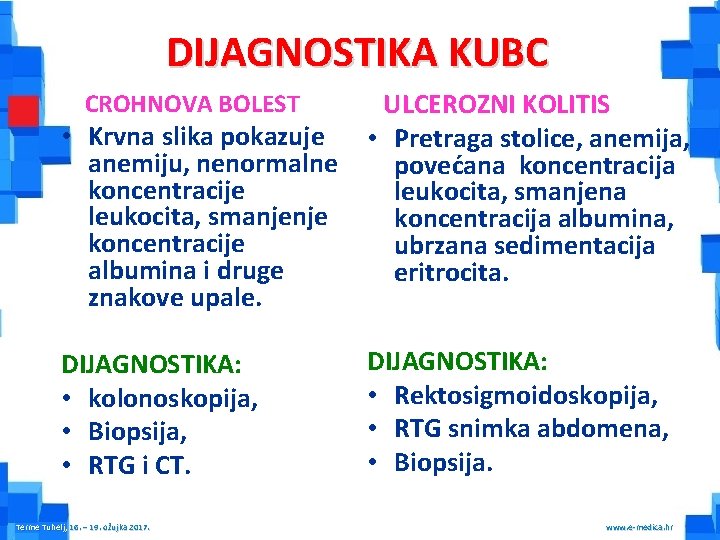 DIJAGNOSTIKA KUBC CROHNOVA BOLEST ULCEROZNI KOLITIS DIJAGNOSTIKA: • kolonoskopija, • Biopsija, • RTG i