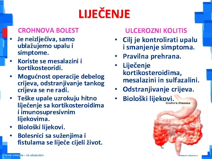 LIJEČENJE CROHNOVA BOLEST • Je neizlječiva, samo ublažujemo upalu i simptome. • Koriste se