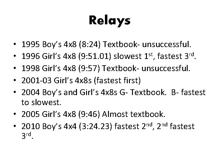 Relays 1995 Boy’s 4 x 8 (8: 24) Textbook- unsuccessful. 1996 Girl’s 4 x