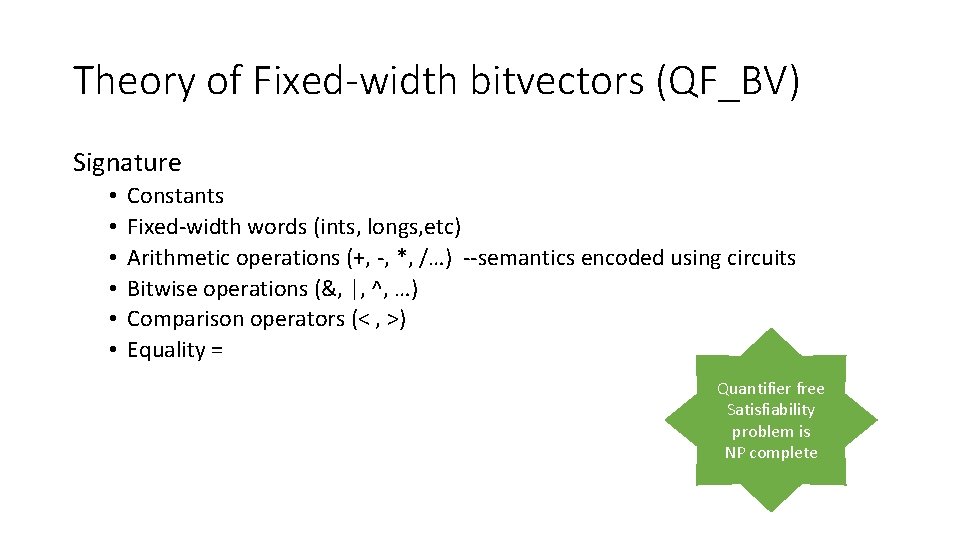 Theory of Fixed-width bitvectors (QF_BV) Signature • • • Constants Fixed-width words (ints, longs,