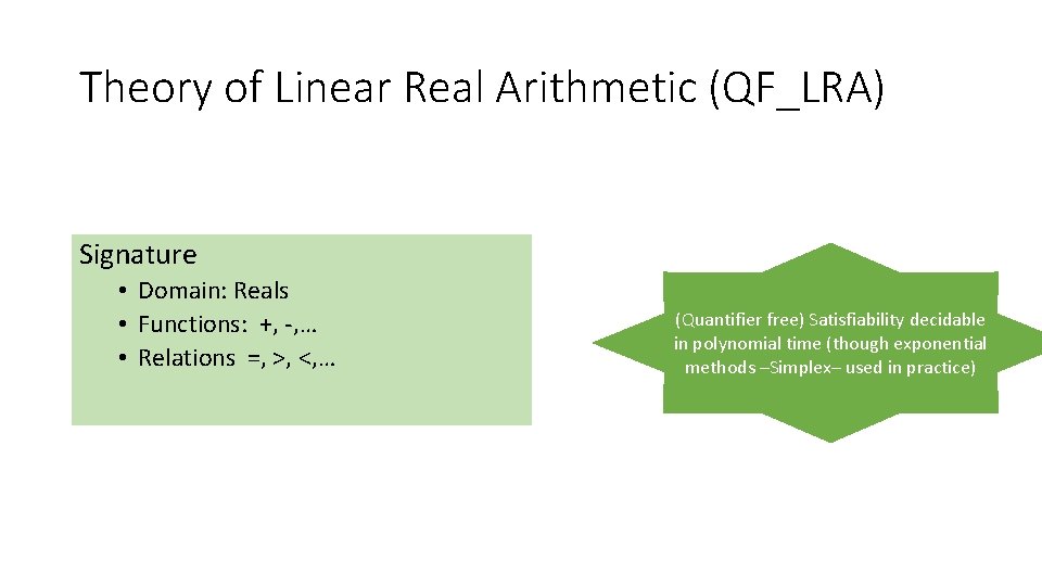 Theory of Linear Real Arithmetic (QF_LRA) Signature • Domain: Reals • Functions: +, -,