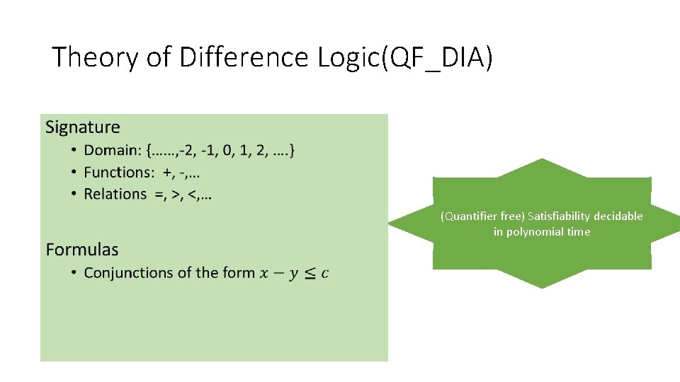 Theory of Difference Logic(QF_DIA) (Quantifier free) Satisfiability decidable in polynomial time 