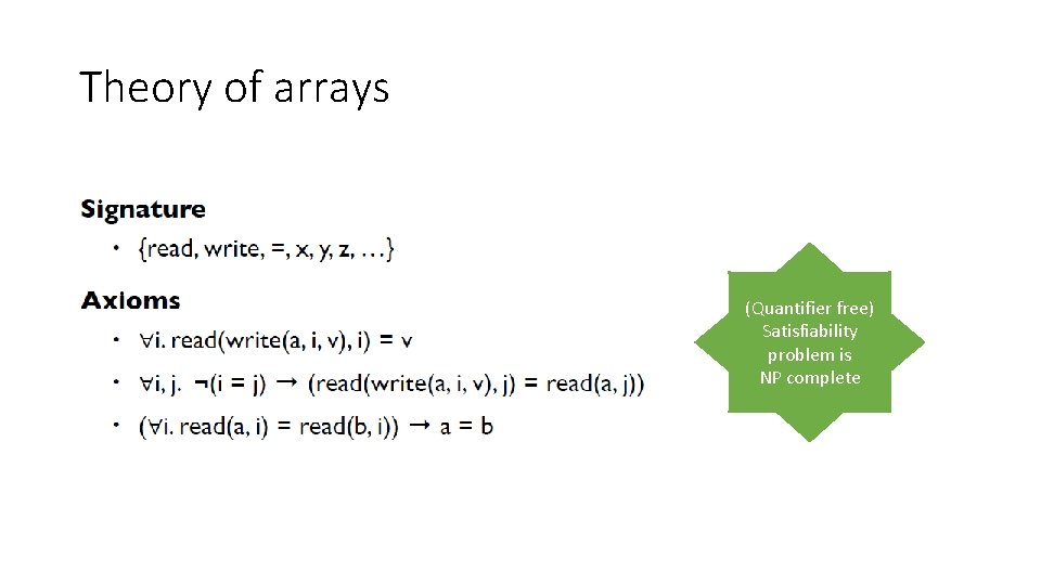 Theory of arrays (Quantifier free) Satisfiability problem is NP complete 