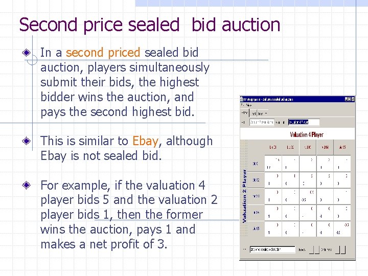 Second price sealed bid auction In a second priced sealed bid auction, players simultaneously