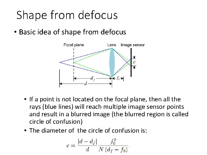 Shape from defocus • Basic idea of shape from defocus • If a point