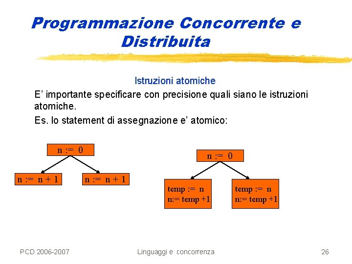 Programmazione Concorrente e Distribuita Istruzioni atomiche E’ importante specificare con precisione quali siano le