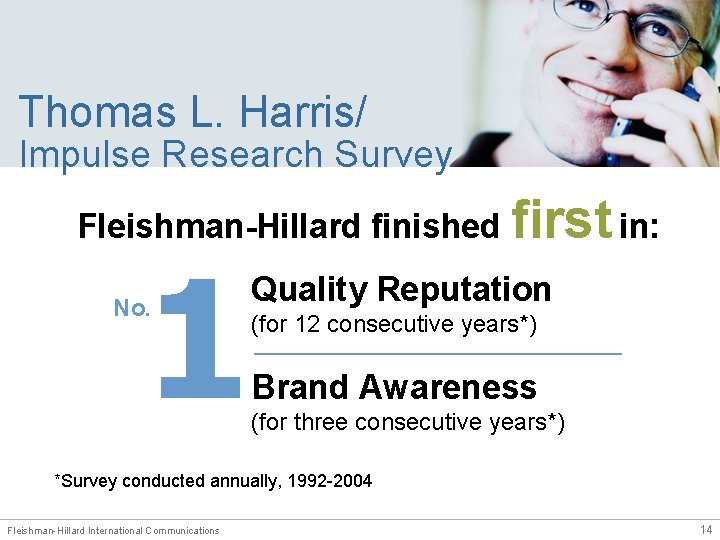 Thomas L. Harris/ Impulse Research Survey Fleishman-Hillard finished first in: 1 No. Quality Reputation