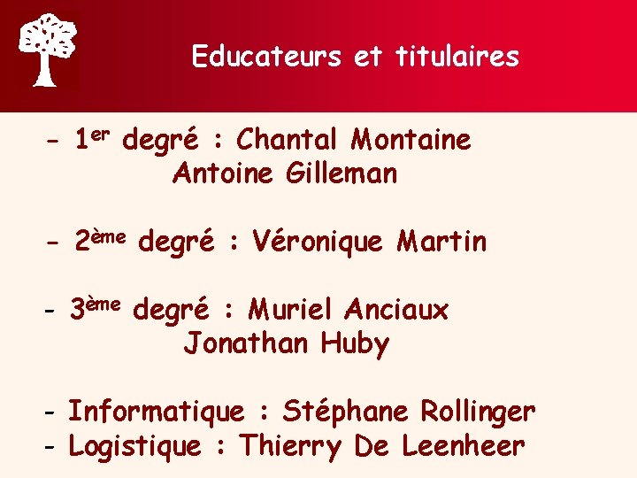 Educateurs et titulaires - 1 er degré : Chantal Montaine Antoine Gilleman - 2ème