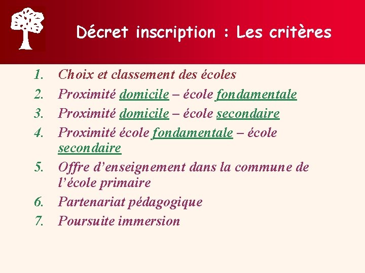 Décret inscription : Les critères 1. 2. 3. 4. Choix et classement des écoles