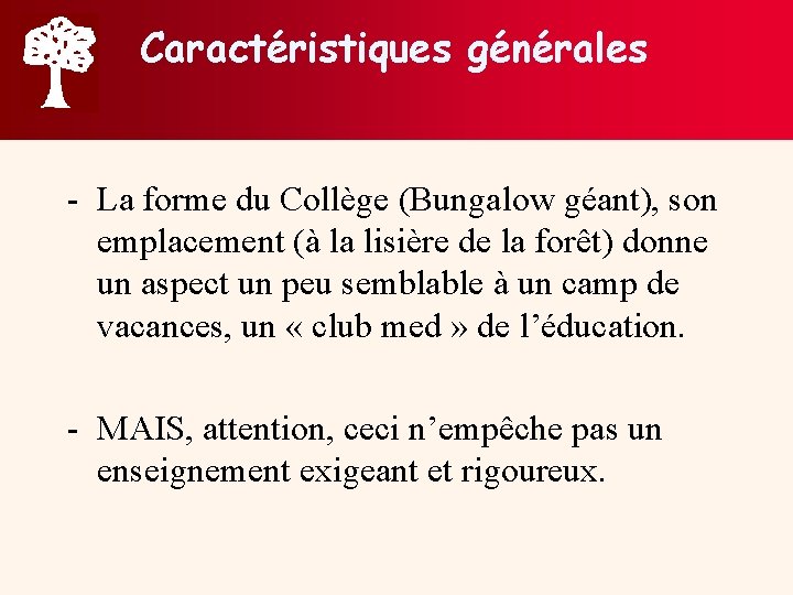 Caractéristiques générales - La forme du Collège (Bungalow géant), son emplacement (à la lisière