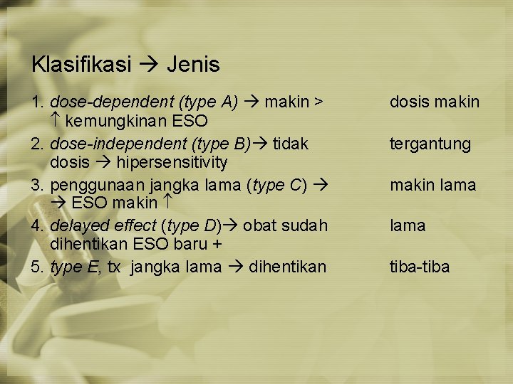 Klasifikasi Jenis 1. dose-dependent (type A) makin > kemungkinan ESO 2. dose-independent (type B)