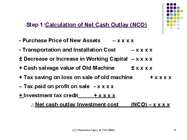 Step 1: Calculation of Net Cash Outlay (NCO) - Purchase Price of New Assets