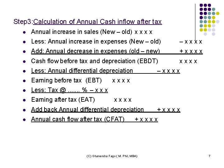 Step 3: Calculation of Annual Cash inflow after tax l Annual increase in sales