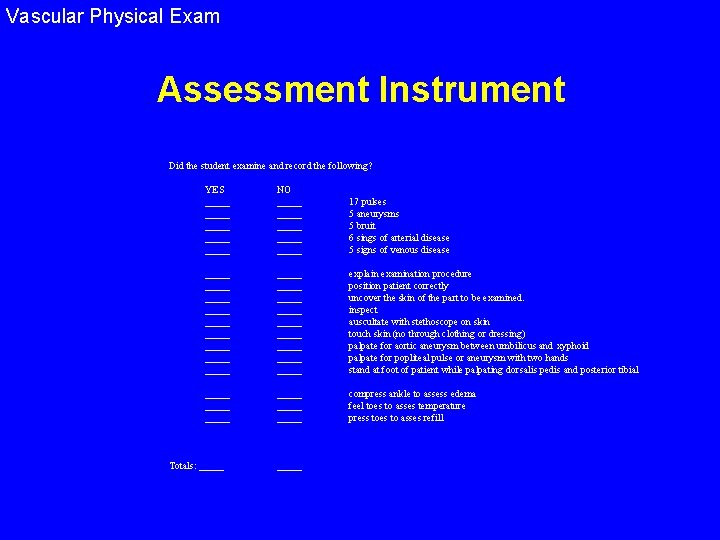 Vascular Physical Exam Assessment Instrument Did the student examine and record the following? YES
