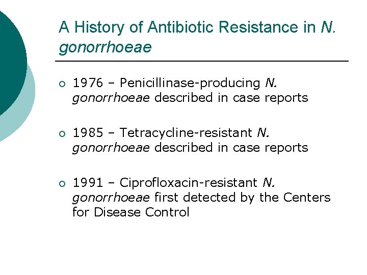 A History of Antibiotic Resistance in N. gonorrhoeae ¡ 1976 – Penicillinase-producing N. gonorrhoeae