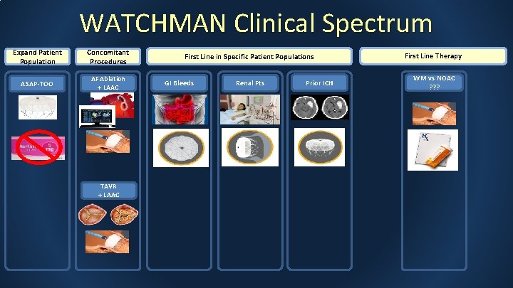 WATCHMAN Clinical Spectrum Expand Patient Population Concomitant Procedures ASAP-TOO AF Ablation + LAAC First