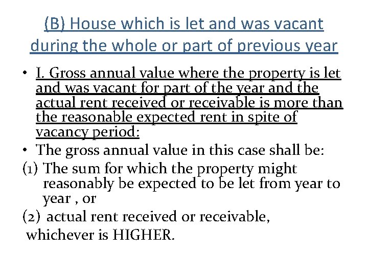 (B) House which is let and was vacant during the whole or part of